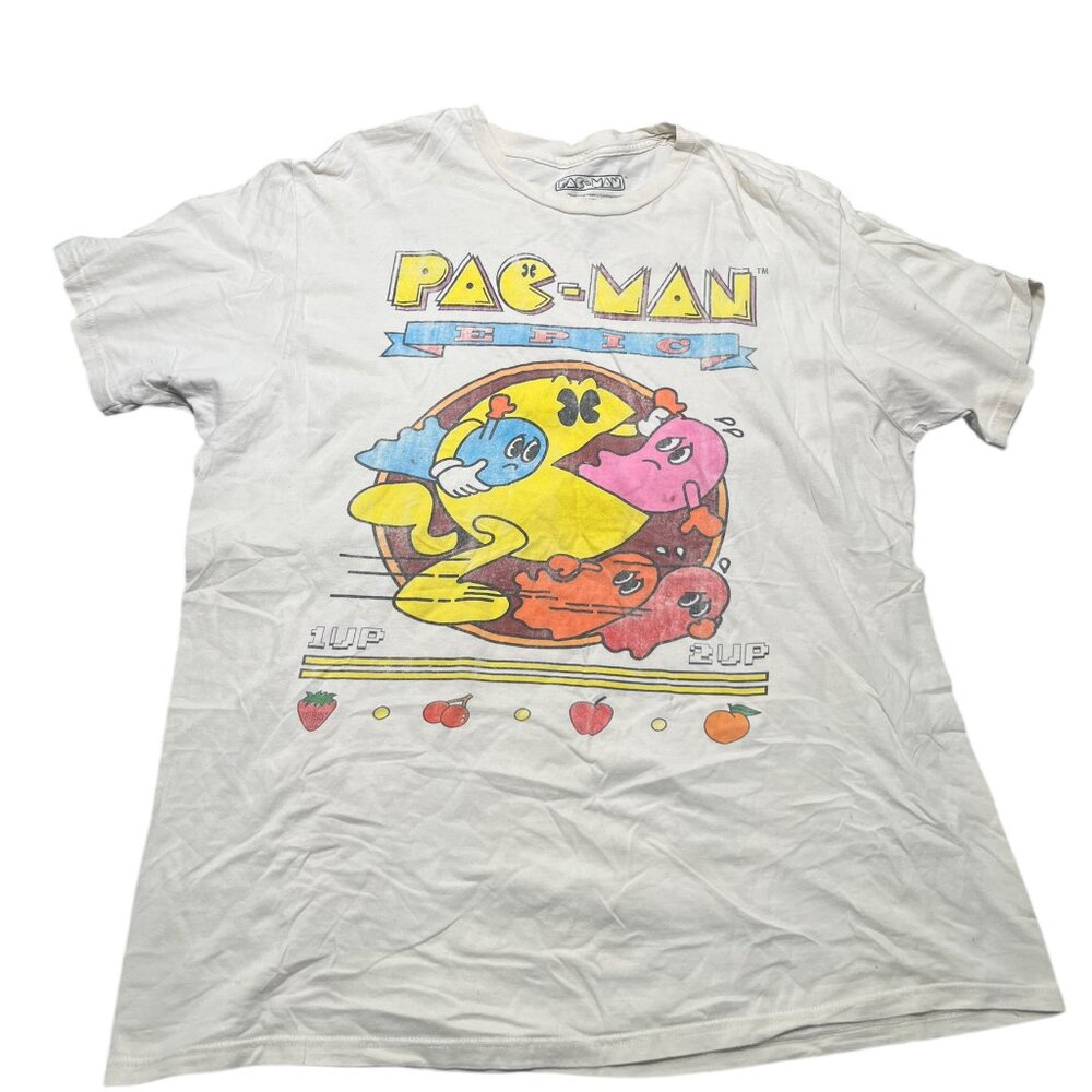 Pac-Man T-Shirt Men's XL White Graphic Print 100% Cotton Short Sleeve Pullover